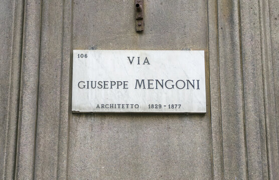 Marble plaque in Milan naming Via Giuseppe Mengoni and honoring the Italian architect