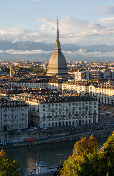 Turin skyline featuring the Mole Antonelliana, Po River, and distant Alps