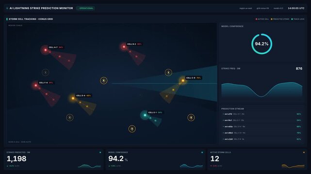 Futuristic ai lightning strike prediction monitor screen with storm cell tracking grid, weather radar data, model confidence metrics for advanced meteorological analysis