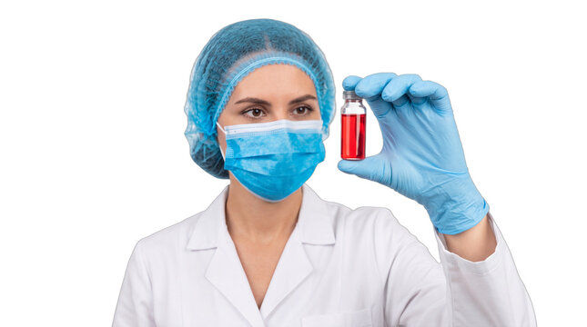 Professional Medical Researcher holding a red liquid vial in protective gear against a white background, ideal for healthcare articles and pharmaceutical marketing.