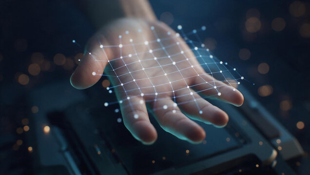 Hand Interacting with Holographic Digital Wireframe Grid Interface
