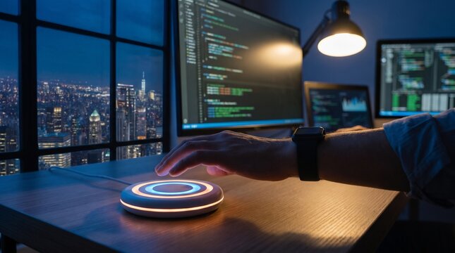 Programmer working late at night on a desk with glowing technology