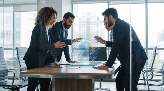 Business Professionals Using Holographic Globe for Global Strategy