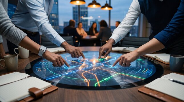 Diverse Professional Team Analyzing Digital City Map Data In Meeting