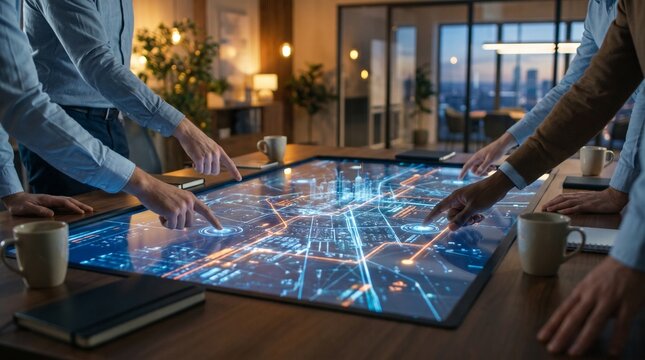 Business Team Analyzing Smart City Digital Map on Interactive Screen