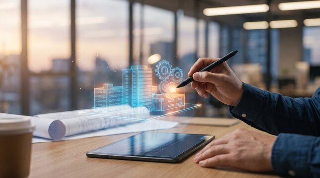 Professional Architect Using Futuristic Digital Hologram Technology