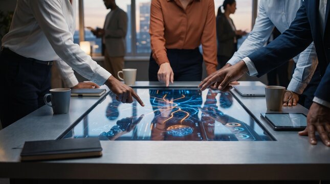 Business team collaborating on interactive display table