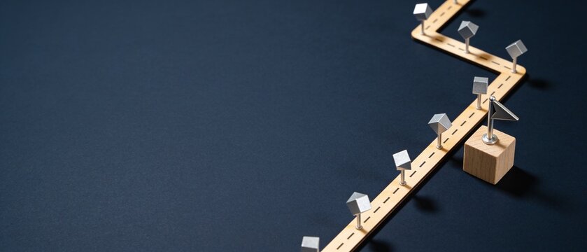 Minimalist 3D render of abstract wooden bridge with geometric steps on dark background