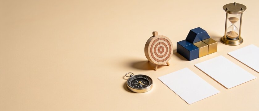 Minimalist vintage clock and compass set on neutral background with empty notepad