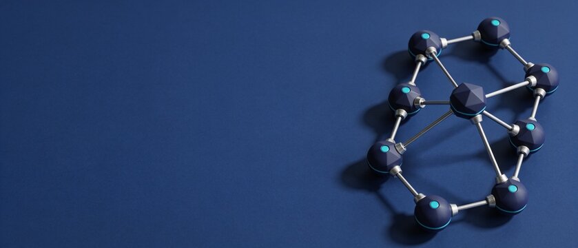 Futuristic 3D geometric molecular structure on dark abstract background