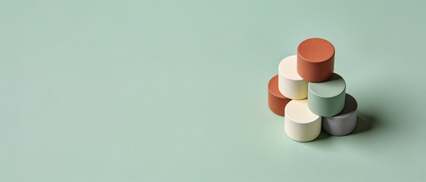 Stacked colorful pill capsules arranged in pyramid shape on light background