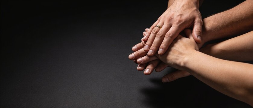 Two hands clasped together in supportive gesture against dark background