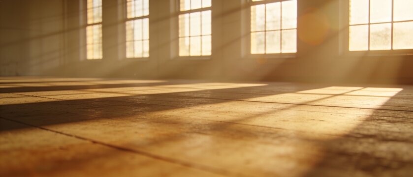 Empty wooden room with natural sunlight streaming through large windows
