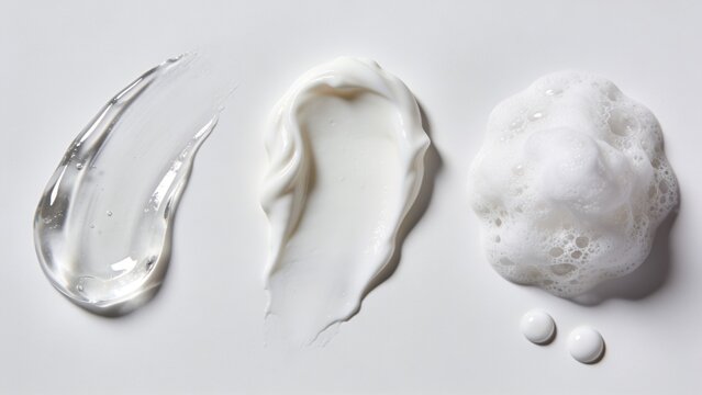 Close-up of skincare cream texture swirls and glob on smooth white background