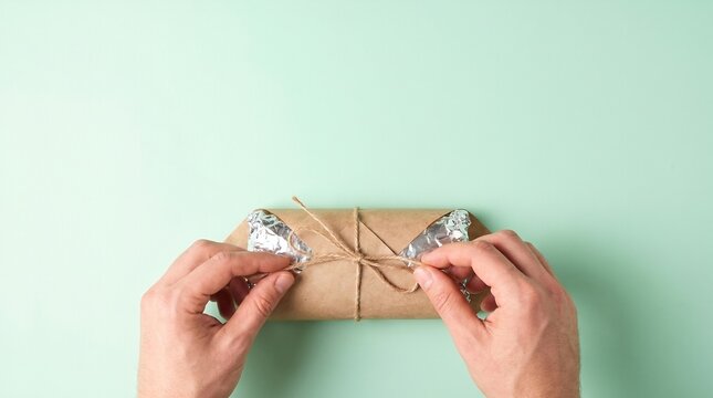 Hands Tying a Twine String Around a Food Package Wrapped in Craft Paper and Foil on Green Background
