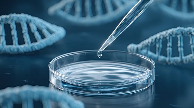 Pipette dropping liquid into a petri dish with floating DNA models in the background, concept of genetic engineering and biotechnology
