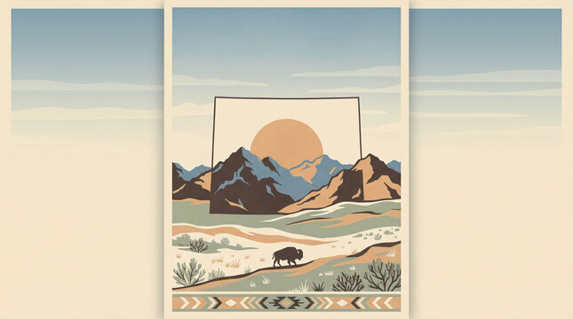 Bison walking in desert landscape with mountains and sun in retro poster style