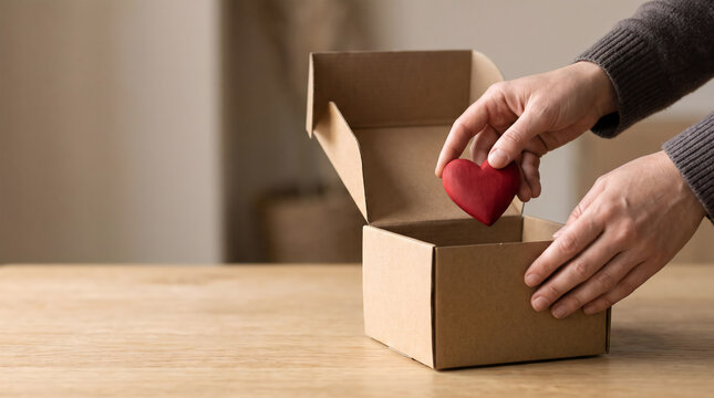 Person placing red heart inside open cardboard box on wooden table surface