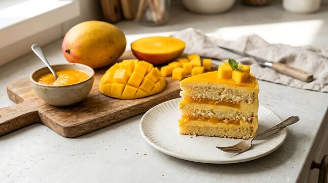 Slice of fresh mango cake served on a plate with fresh fruit pieces on a wooden board. Mango cake recipe