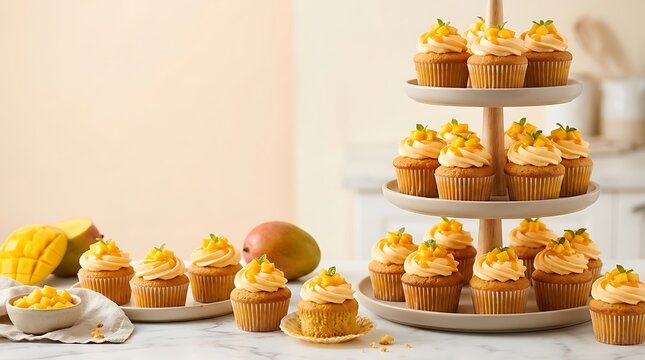 Fresh sweet cupcakes with orange frosting on a tiered cake stand for a party. Mango cake recipe