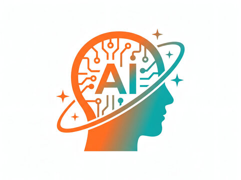 Artificial intelligence logo with human head silhouette, circuit brain, orbiting ring and sparkle stars in orange teal gradient, futuristic technology concept on white background