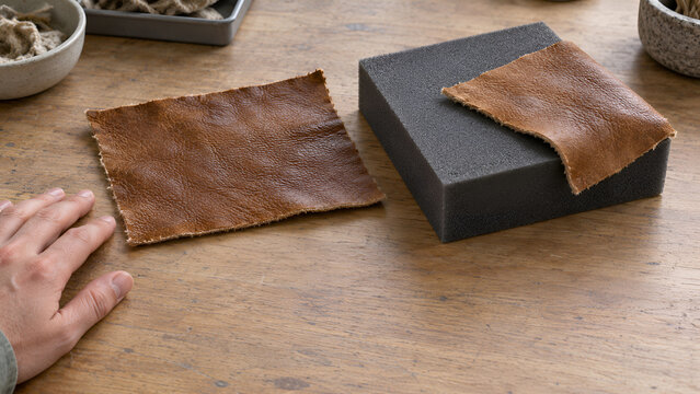 Leather samples on a wooden table and a dark foam block