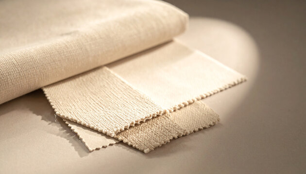 Textile Swatches: A close-up view of fabric swatches, showcasing various textures and weaves of a light beige material, arranged to highlight their subtle differences.