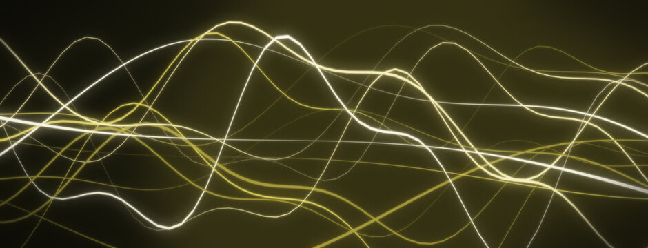 Glowing golden sound waves and abstract frequency lines over dark background represent digital data transmission and electronic music visualization for technology.