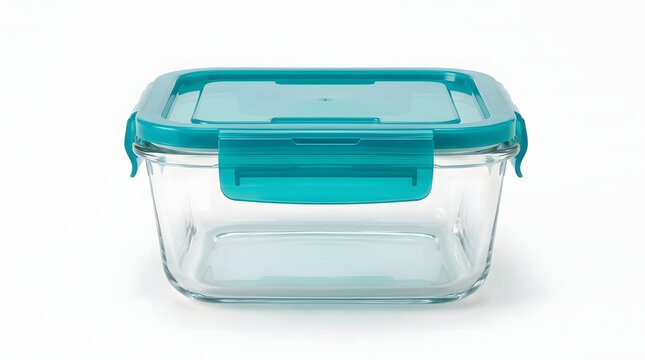 Empty glass food storage container with a turquoise locking lid isolated on white