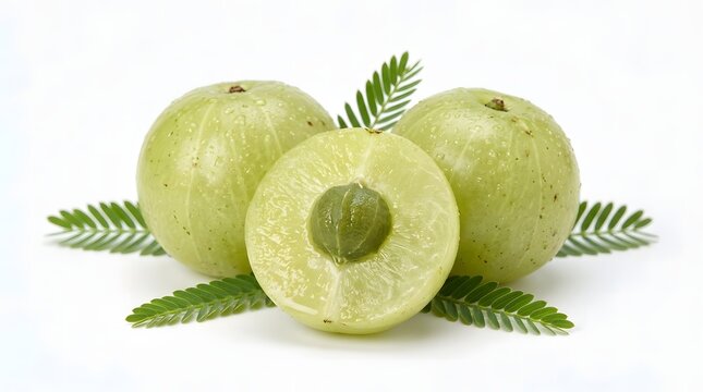 Fresh amla fruits with leaves on a white background for health and wellness concepts