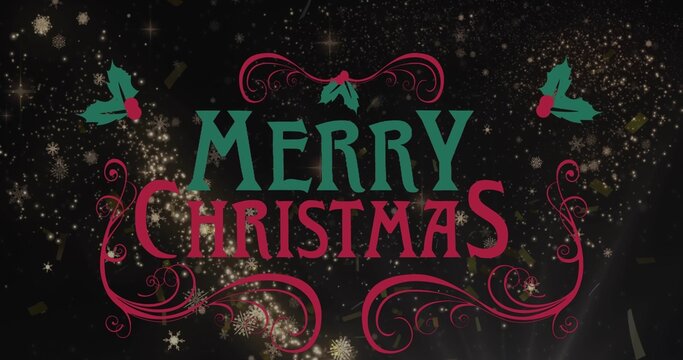 Displaying centered MERRY CHRISTMAS text glowing in festive dark backdrop with holly and sparkles
