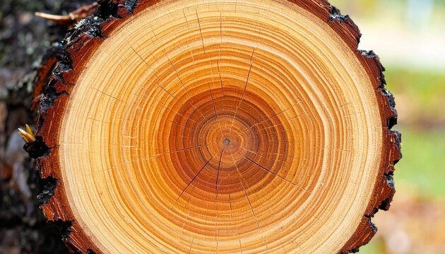 Close-up of a freshly cut tree trunk showing concentric growth rings and natural wood texture