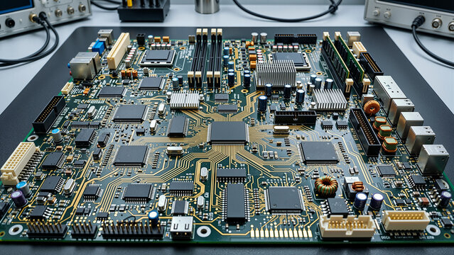 Advanced Printed Circuit Board with Microchips, Integrated Processors, and Copper Traces on Engineering Workbench