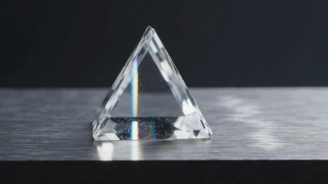 Triangular glass prism with gentle spectral light dispersion on minimalist dark titanium metal background, seamless loop luxury finance and technology design