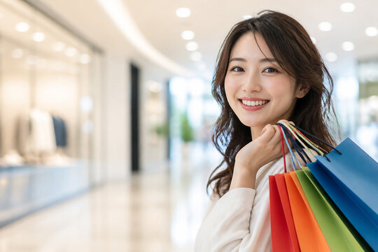 カラフルな買い物袋を持つ日本人女性