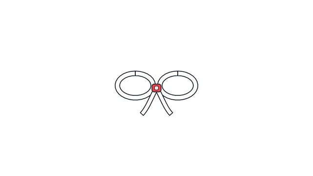 A simple line art illustration of a bow with a red knot on a white background, representing a decorative element.
