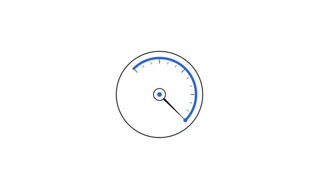 A minimalist blue and white circular gauge icon with a needle pointing to a low value, representing measurement or speed.