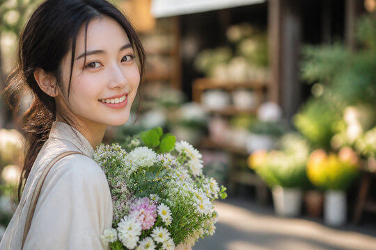 花屋の前で花束を抱えて振り向く日本人女性