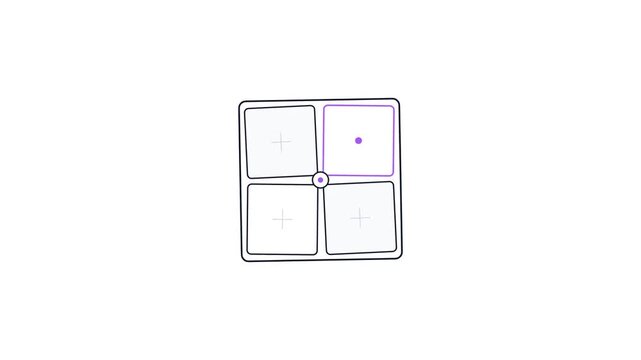 A minimalist diagram showing a 2x2 grid of four squares, with one square highlighted by a purple dot, possibly representing a user interface selection.