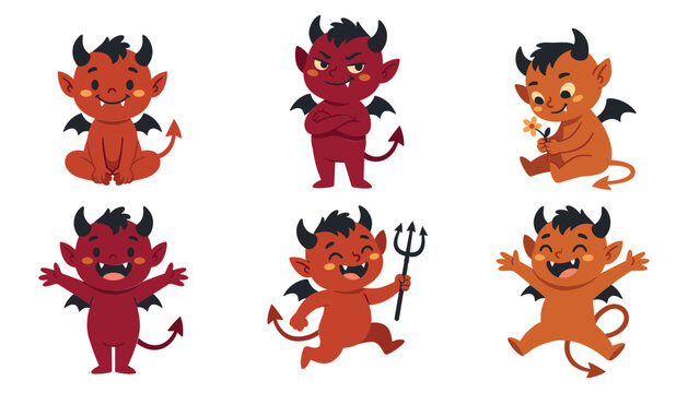 Cute little devil cartoon character vector set. Red demon poses, horns, wings, tail, trident and flower.