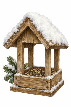 Rustic wooden bird feeder filled with seeds, covered in snow