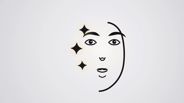 Minimalist line art animation of blinking female face with glowing stars skin effect.