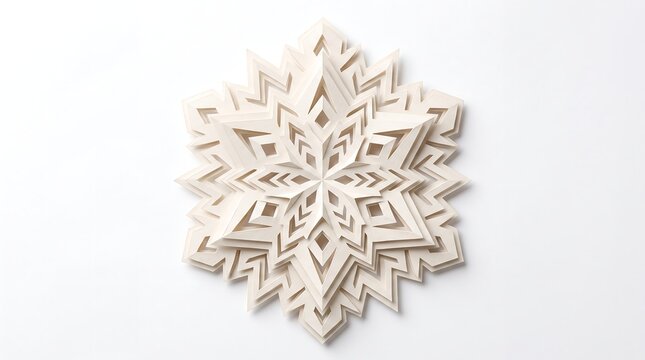 Elegant layered paper cut snowflake with geometric relief pattern on white background for winter holiday design