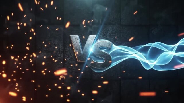 A metallic versus logo stands against a dark textured background with glowing light trails.
