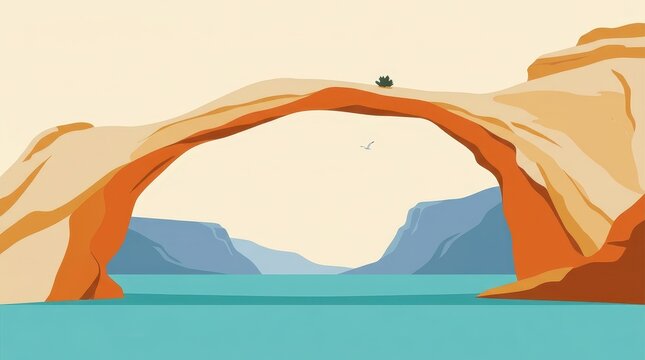 Natural sandstone archway overlooks turquoise water in a vector illustration