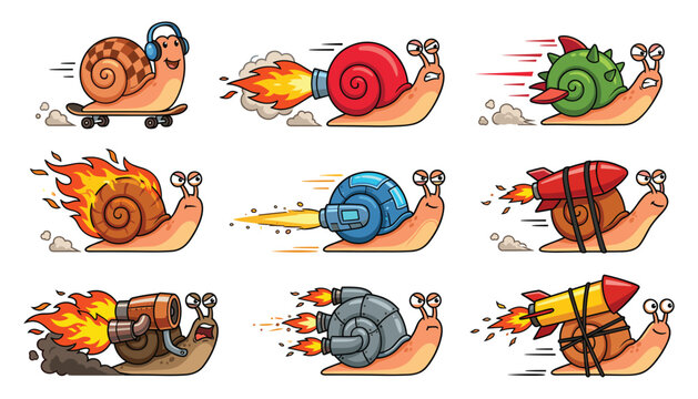 Fast snail racing with rocket booster set. Skateboard, headphone, flame, fire, jetpack, missile, engine, speed.