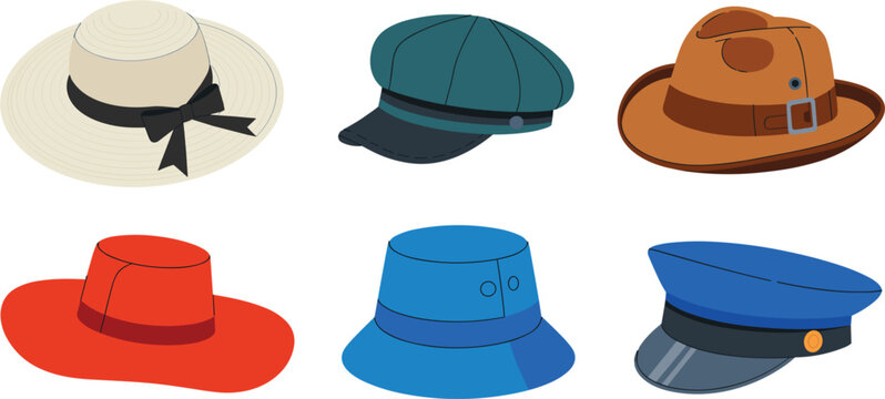 Fashion hat headwear mockup vector set, straw panama fedora bucket cap flat icons