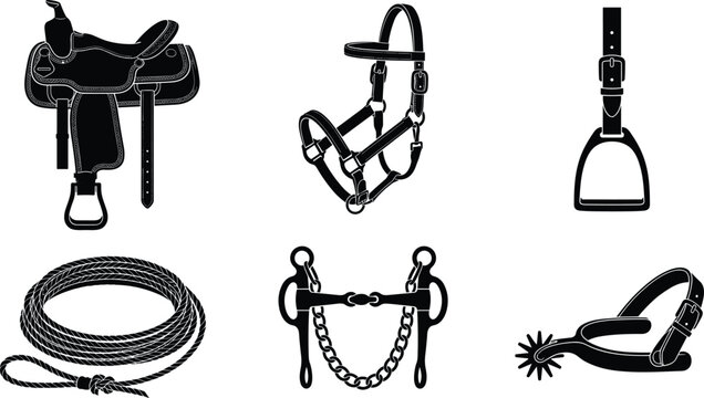 Equestrian Horse Tack Western Leather Saddle Halter Stirrup Lasso Curb Bit Spur Solid Black Silhouette Vector Pack