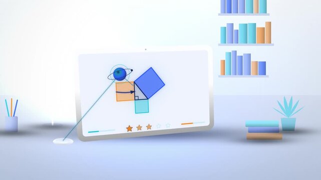 AI tutor tablet pythagorean theorem lesson with guide orb room scene