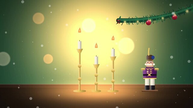 Nutcracker with candlelight and brass candlesticks holiday wide scene